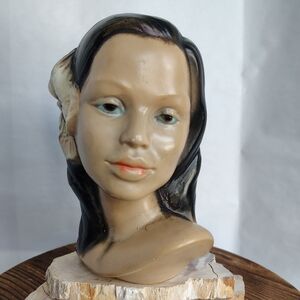 Chalkware Hawaiian Girl Bust Polynesian Hula Hibiscus Vintage MCM Chalkware Bank